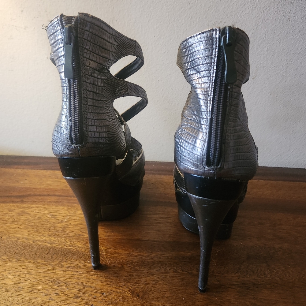 bebe | Adrianna Embossed Pewter Gladiator Heels - Picture 4 of 9